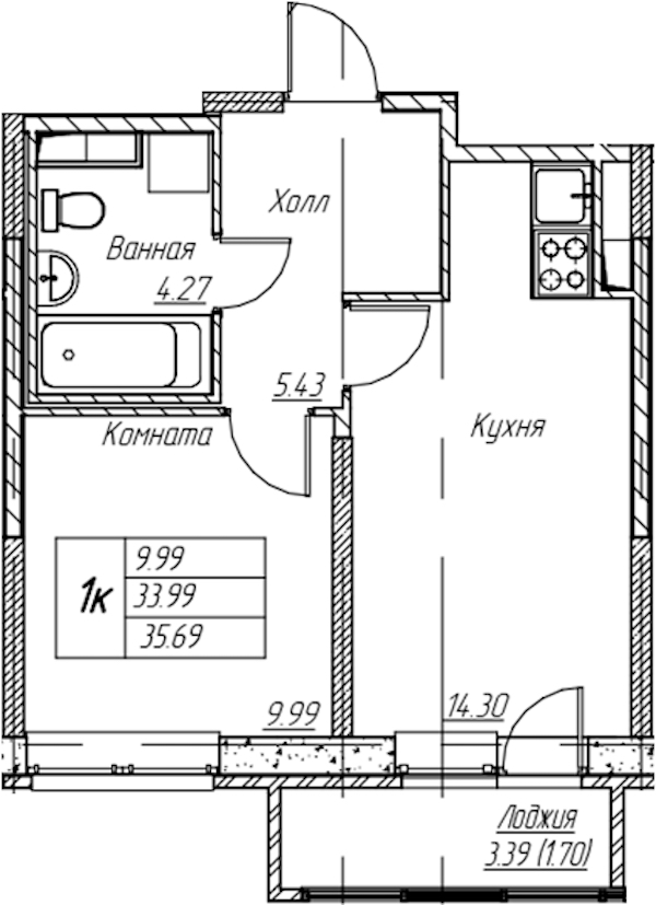 1-комнатная квартира 35.69 м², 2/22 эт., ЖК «Парк-квартал Юнтолово»